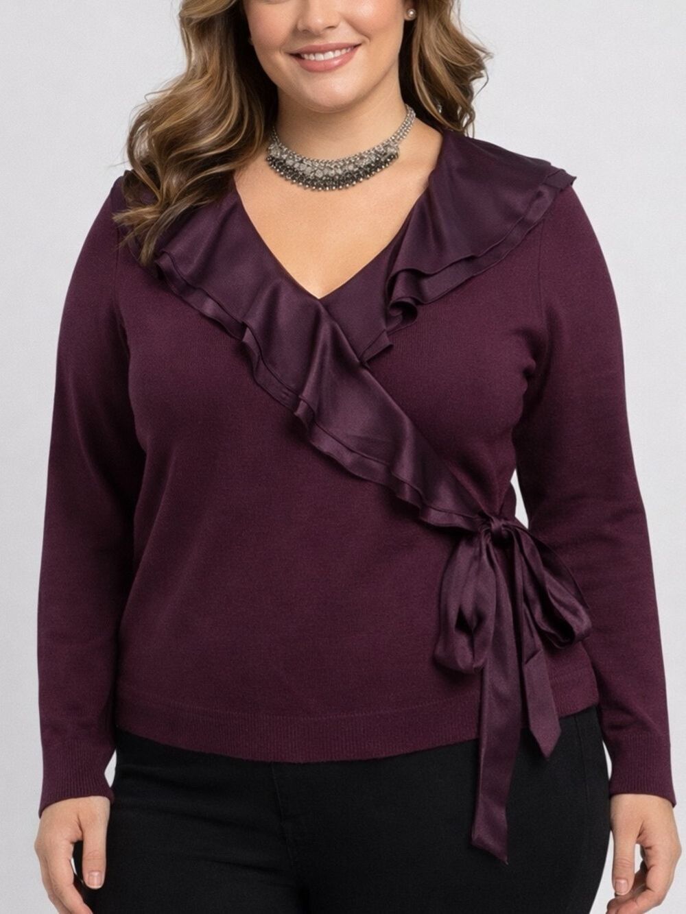 CABLE & GAUGE Ruffled Knit Wrap Sweater Top in Deep Plum size XL